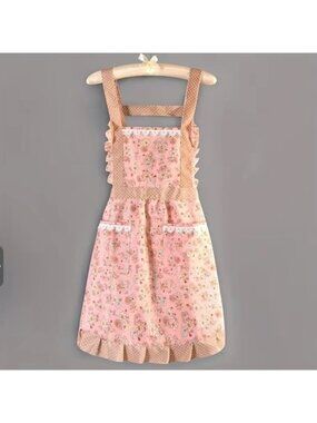 Apron Retro Bib Style Adjustable Waist Tie Floral Polka Dot Womens Pink Tan OS